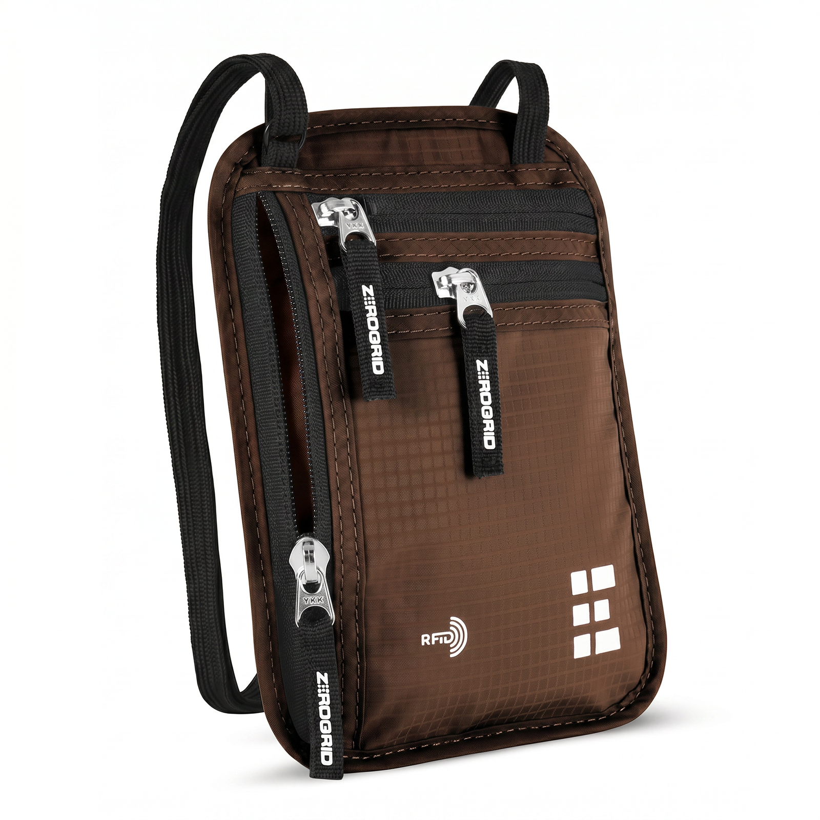 Zero Grid XL Neck Wallet holds two passports, cards, cash, and a
