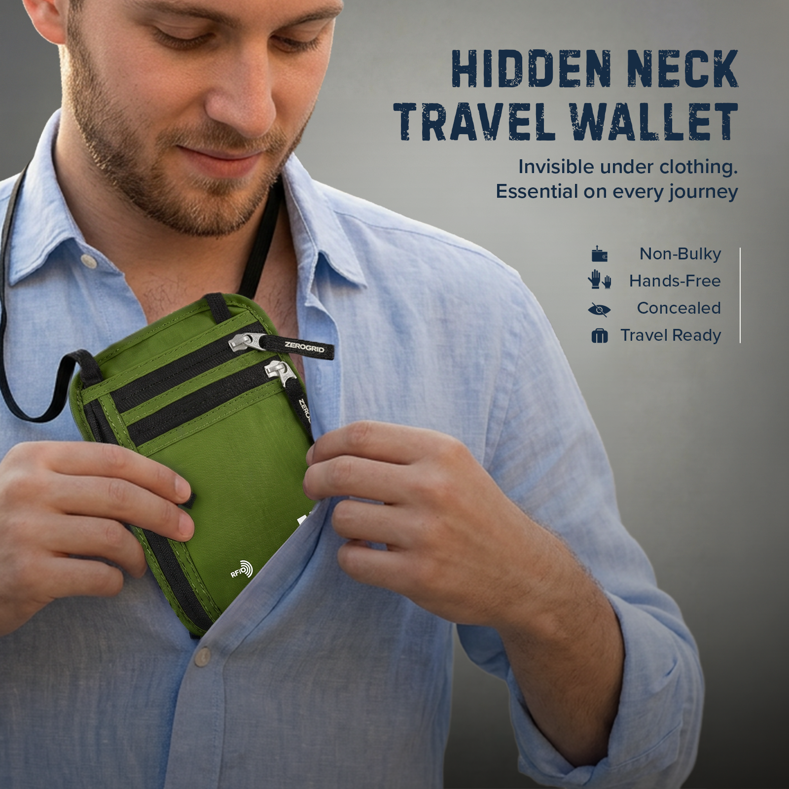 Zero Grid XL Neck Wallet holds two passports, cards, cash, and a