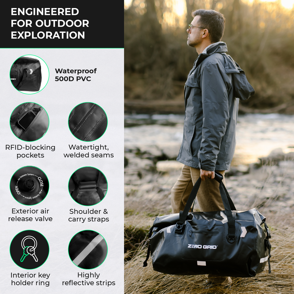 Extra Large Waterproof Duffel Bag - Heavy-Duty Duffle Dry Bag with Welded Seams & Rfid Pockets - Roll Top XL Duffel Bags for Traveling, Camping, Kayaking, Fishing, Canoeing, Boating