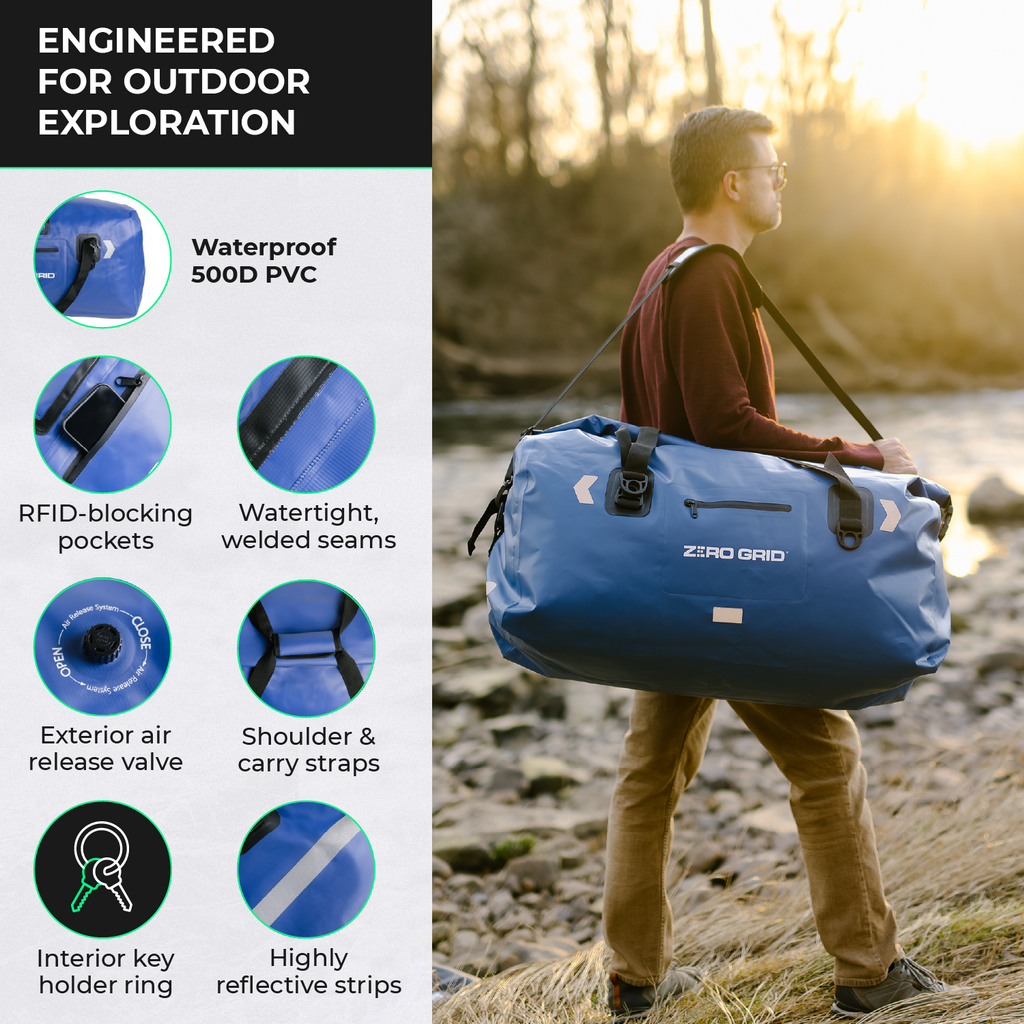 Extra Large Waterproof Duffel Bag - Heavy-Duty Duffle Dry Bag with Welded Seams & Rfid Pockets - Roll Top XL Duffel Bags for Traveling, Camping, Kayaking, Fishing, Canoeing, Boating