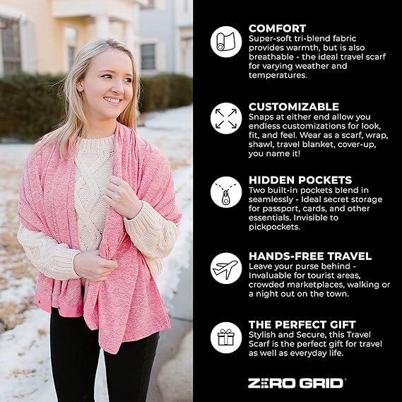 Travel Scarf - Lightweight Infinity Scarf with Hidden Zipper Pocket & Customizable Snaps