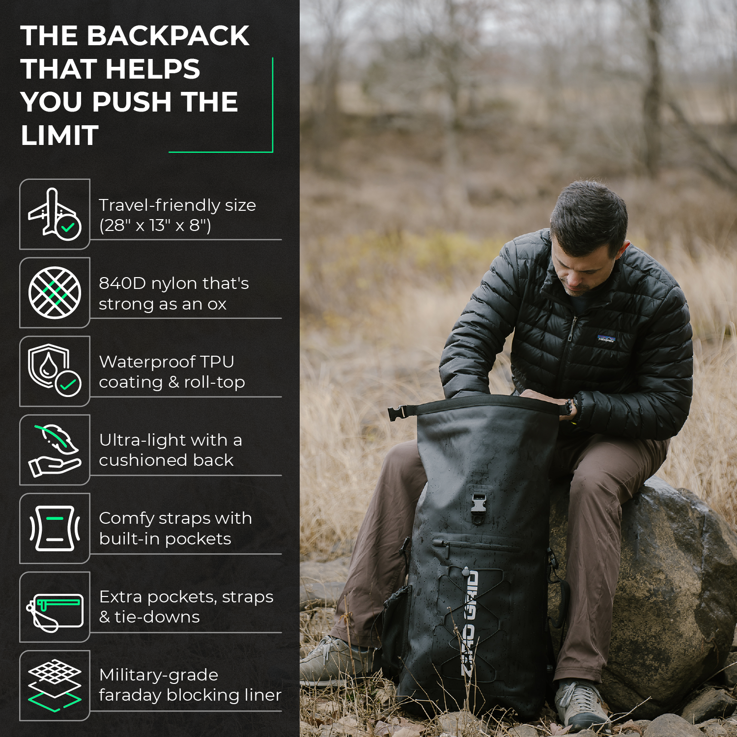 Waterproof Backpack with Rolltop Closure and Faraday Blocking Liner Waterproof Backpack with Rolltop Closure and Faraday Blocking Liner