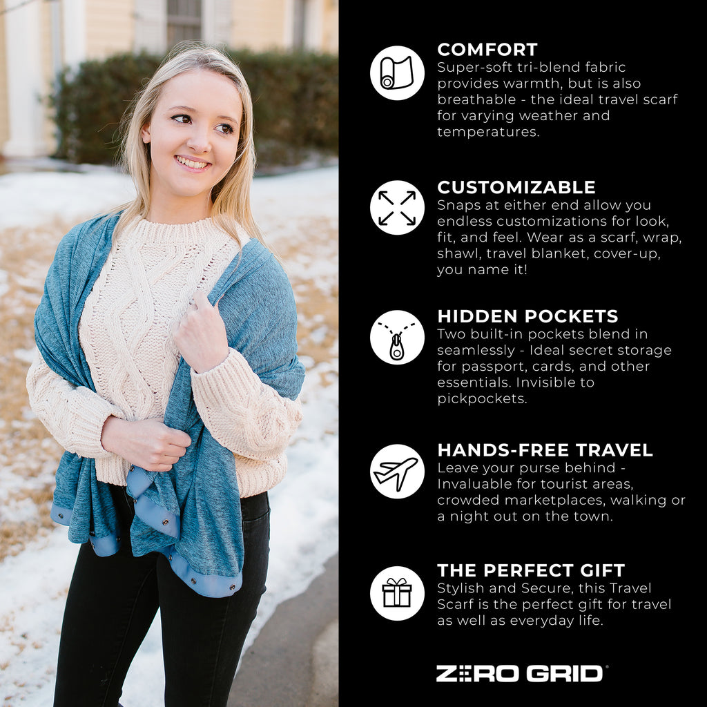 Travel Scarf - Lightweight Infinity Scarf with Hidden Zipper Pocket & Customizable Snaps