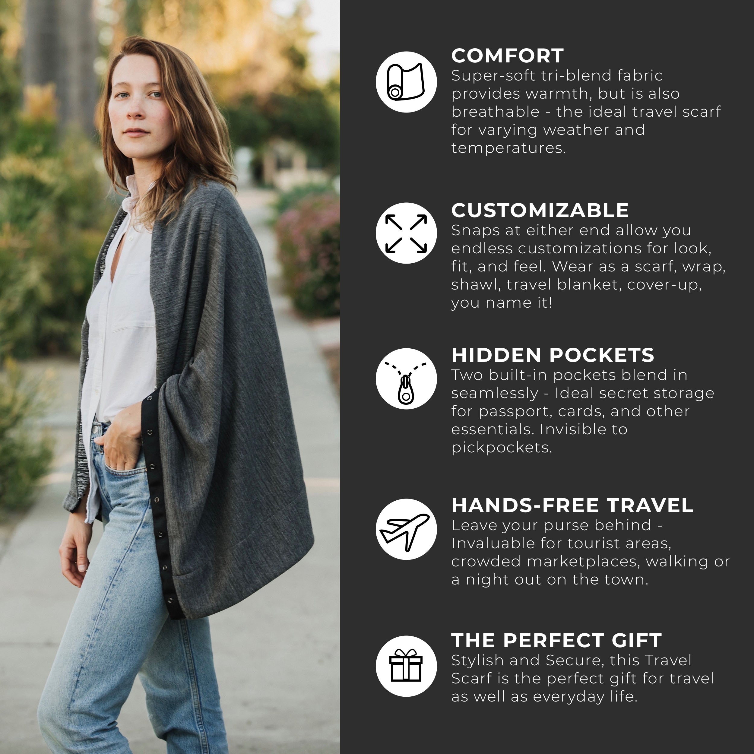 Infinity Lightweight Wrap Scarf – Convertible Loop With Hidden Zipper Pocket, Gray, Women's Fashion Accessory